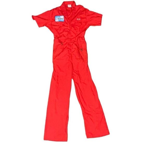 Vintage ToppMaster Mens Large Tall Motorola‎ Coveralls Flight Suit Red One Piece - Picture 1 of 7